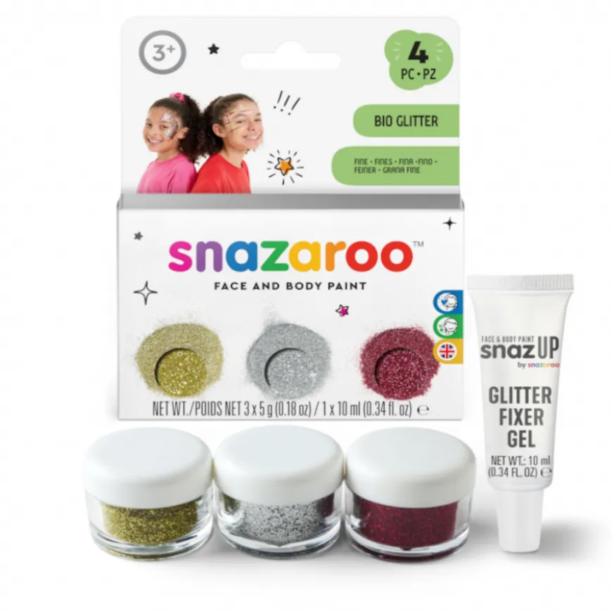 Conjunto 3 Bio Glitter Fino e Fixador Snazaroo
